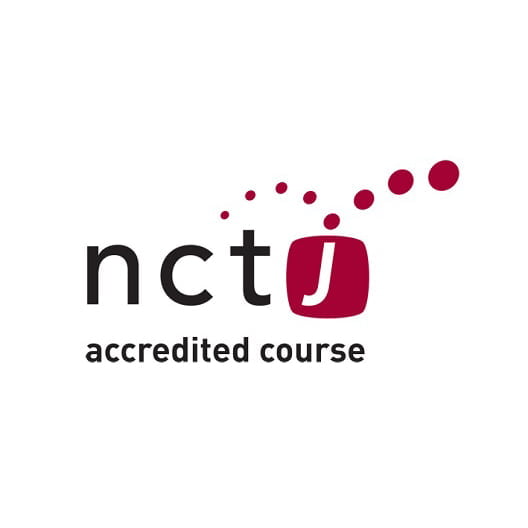 Image of NCTJ Logo - lower case n, c & t in black type, and the j in white on a dark red background