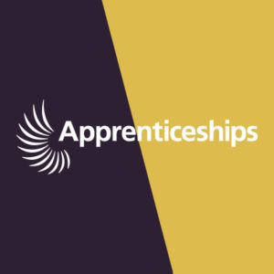 Yellow and black logo with the word apprenticeships across the middle