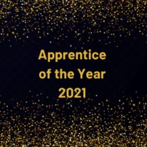 Black square with the words Apprentice of the Year 2021 written in yellow text