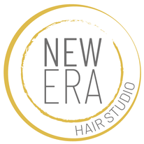 Gold coloured circle with the words New Era Hair Studio