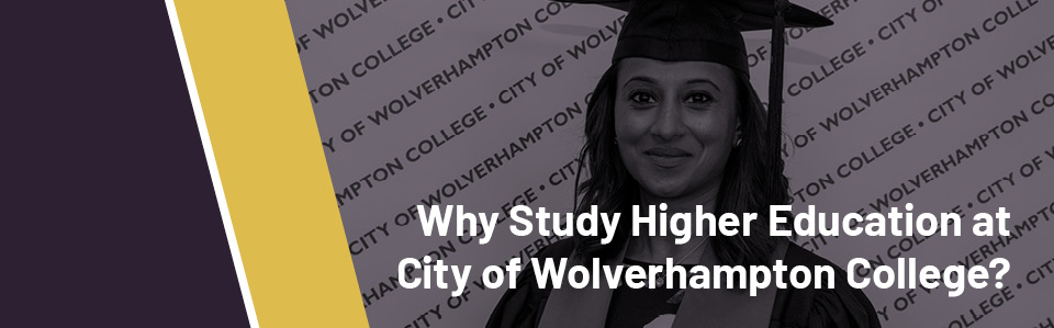 Black and white image of a female student wearing a graduation cap and gown in front of a banner saying City of Wolverhampton College