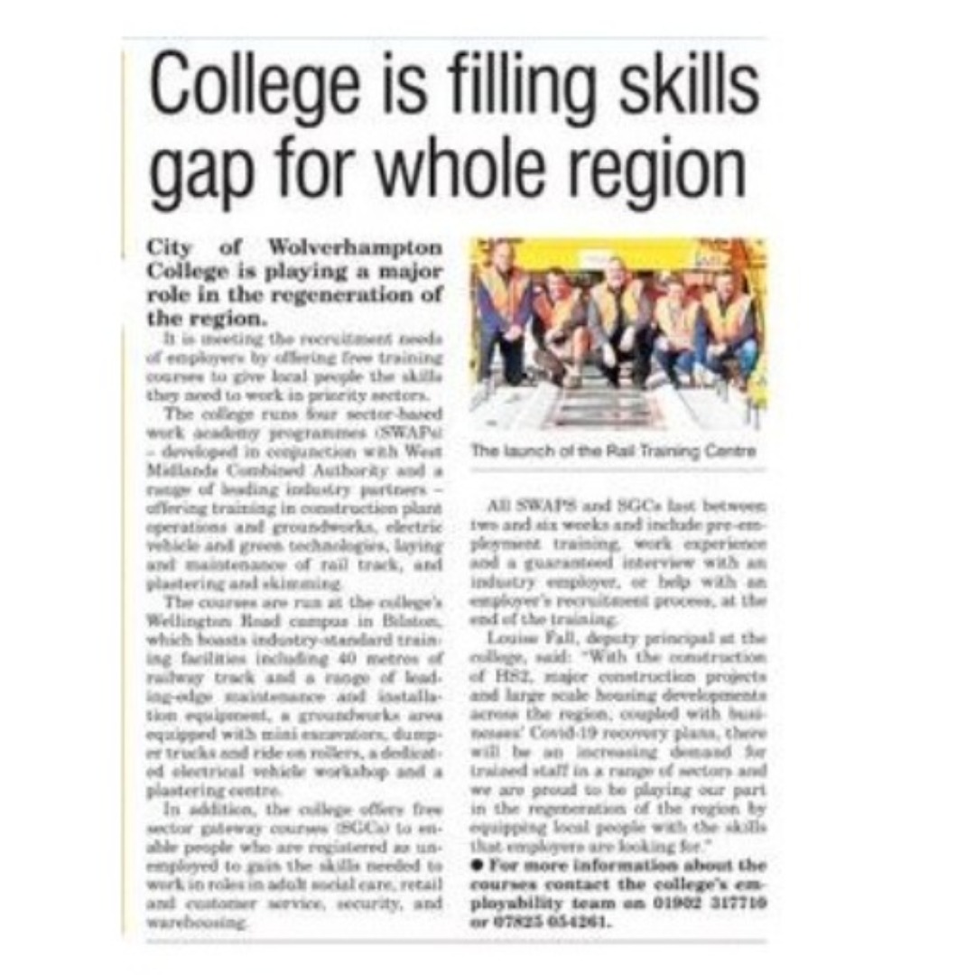 Picture of an article entitles 'College is filling skills gap for whole region' that appeared in the Express and Star newspaper on 25 January 2022