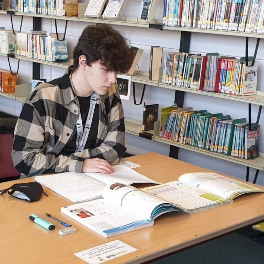 A Level student Luca Mardare wearing a black and cream checked shirt working in the college library