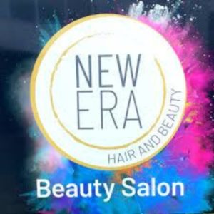 White circle with a yellow edging with the words New Era in the centre and Beauty Salon written underneath on a colourful background