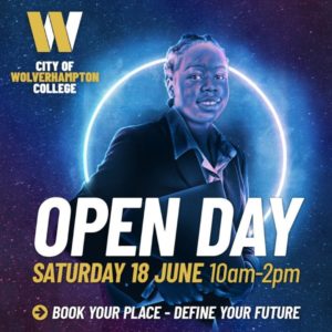 Blue square with the college yellow and white logo in the top left corner, a picture of a student in the centre and the words Open Day in white and Saturday 18 June in yellow underneath