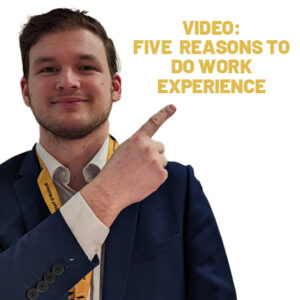 Picture of Richard Hobbs pointing to some text saying "Five reasons to do work experience"