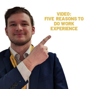 Picture of Richard Hobbs pointing to some text saying "Five reasons to do work experience"