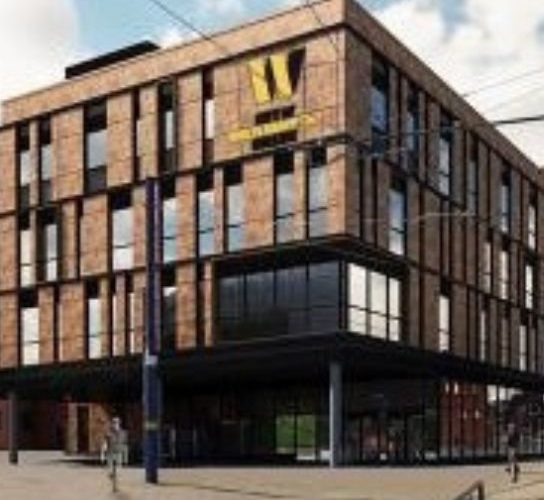 Image of the proposed new City Learning Quarter building featuring the college's Yellow and Black logo