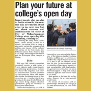 Newspaper cutting of article entitled Plane your future at college open day