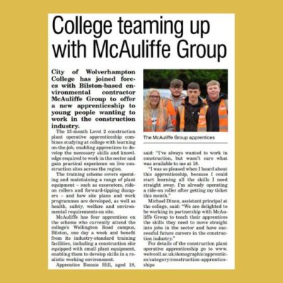 COLLEGE TEAMS UP WITH MCAULIFFE GROUP TO OFFER NEW APPRENTICESHIP