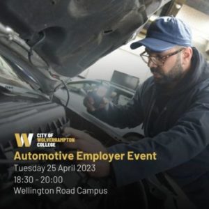 Advert for automotive employer event - student looking under a car bonnet with date, time and location of the event written in white text and a college logo in yellow and white