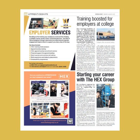 Graphic showing an image of the article that appeared in the newspaper, on a mustard background