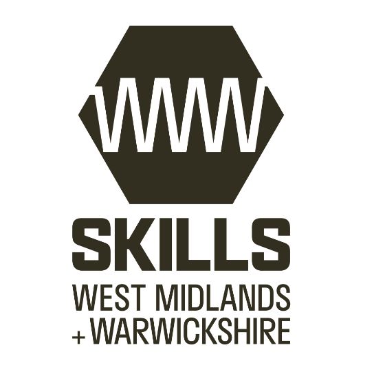 Black and white logo with WWW in white in a black hexagon and the words Skills West Midlands and Warwickshire in black underneath