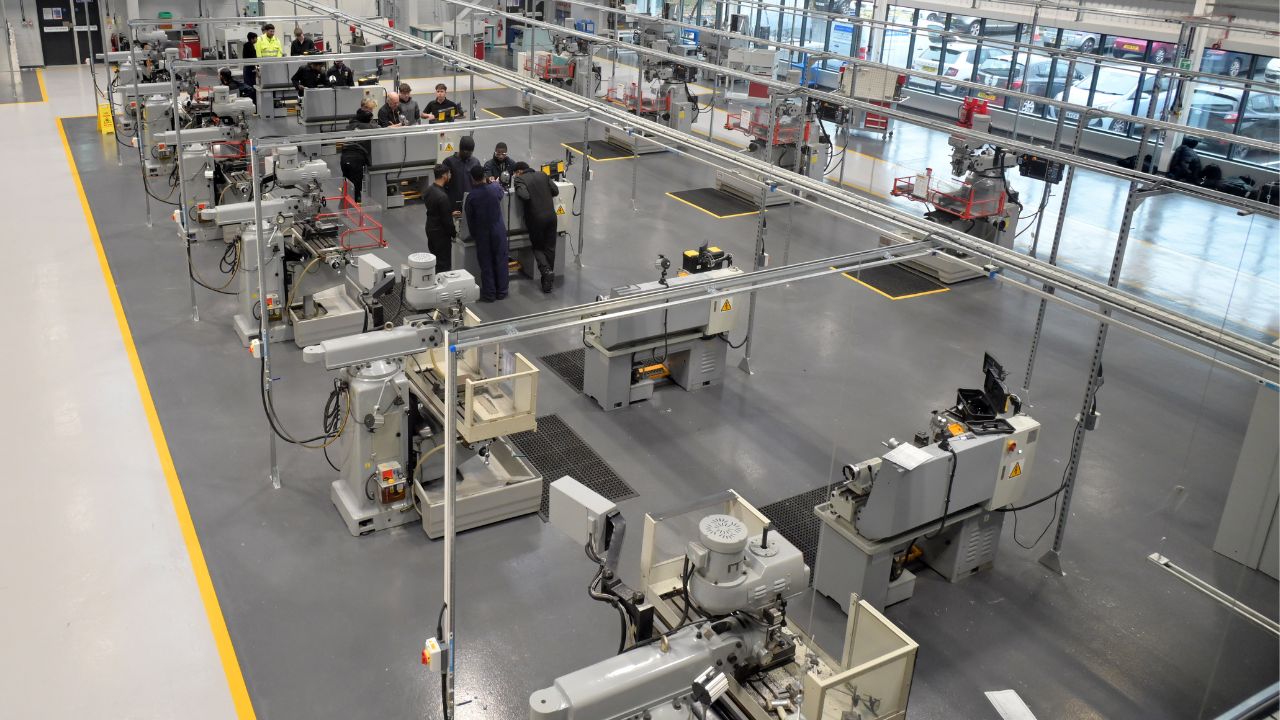 An aerial shot of one of the engineering workshops in the college's Advanced Technology and Automotive Centre